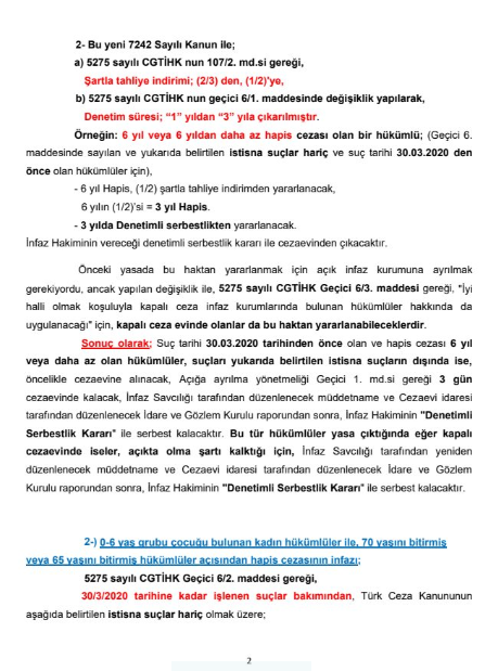 Yeni İnfaz Yasası 7242 Sayılı Kanuna Göre Hazırlanmış Koşullu Salıverilme Oranları