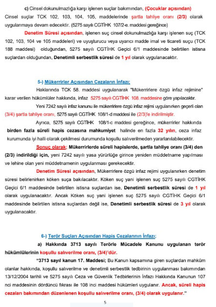 Yeni İnfaz Yasası 7242 Sayılı Kanuna Göre Hazırlanmış Koşullu Salıverilme Oranları